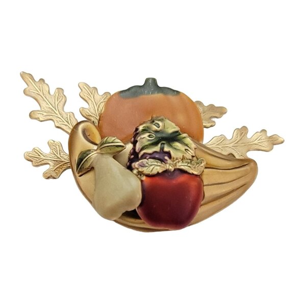 Gold Tone Red Orange Enamel Cornucopia Autumn Pumpkin Leaf Pin Brooch K121 - Picture 9 of 9